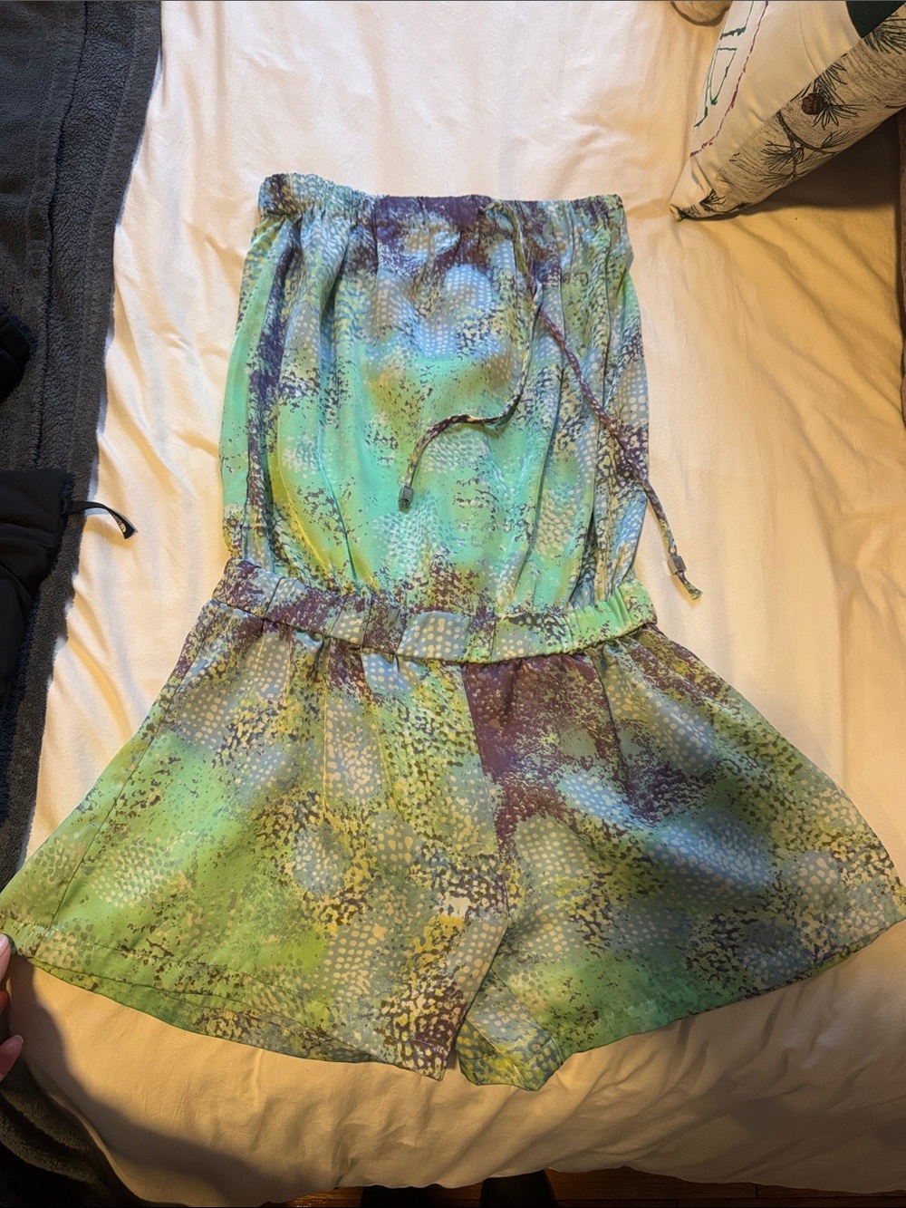 Strapless Tie-Dye Romper Skort in Green & Blue